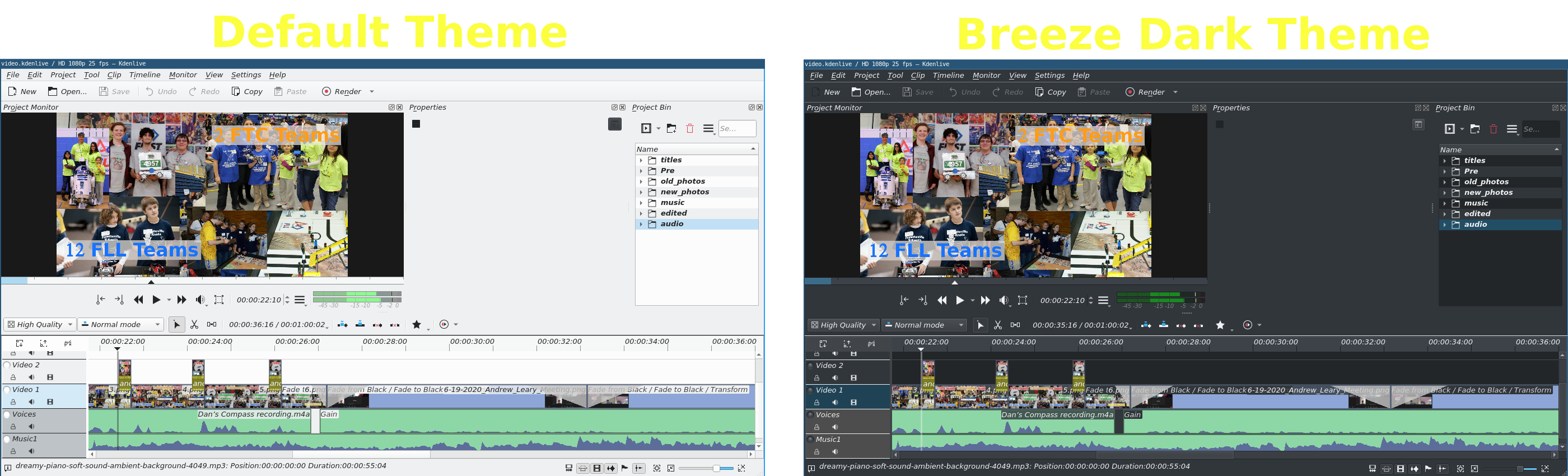 Kdenlive Light and Dark Theme Comparison